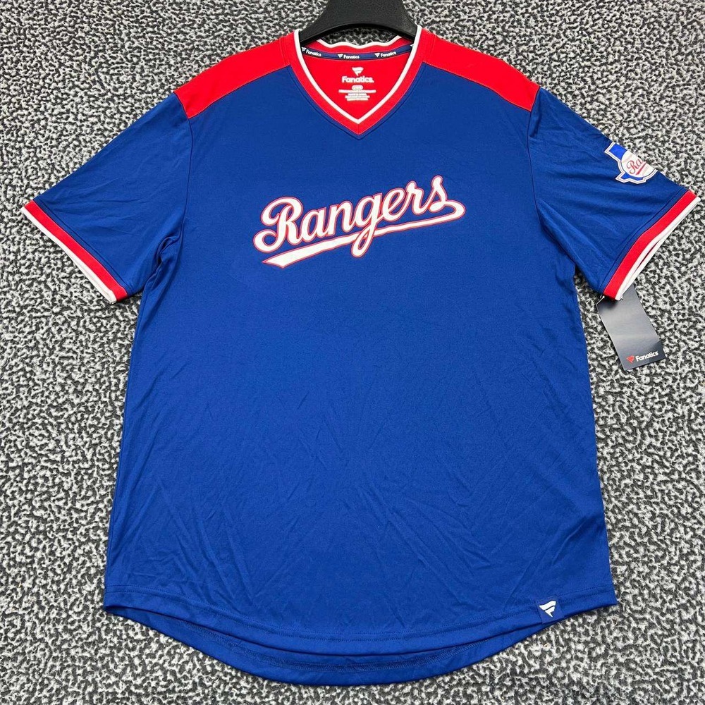 Texas Rangers Shirt Men Large Blue Red Fanatics Short Sleeve V-Neck New‎ L